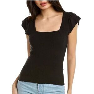 Nation LTD Alicia Top 100% Pima Cotton Black Smocked Square Neck Shirt Womens M